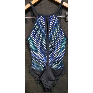 Jantzen Women's Sporty Geometric High Neck‎ One Piece Swimsuit Black Blue Adjust